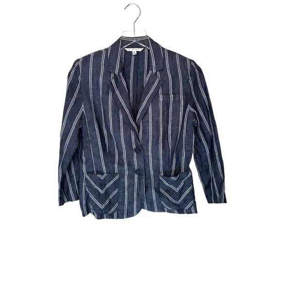 CAbi Blazer Singel Breasted‎ Work Office Blue White Linen Nautical Blazer Size 4 - Picture 2 of 12